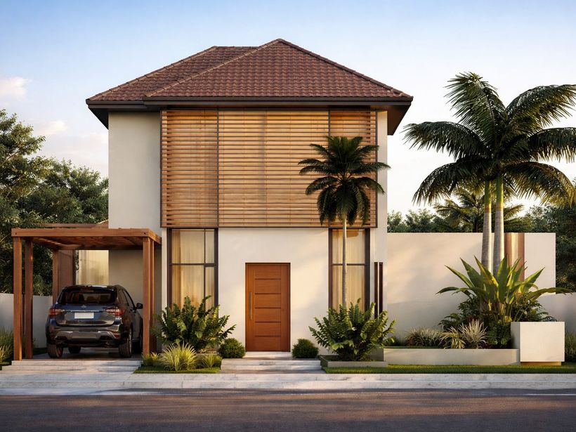 Render de sobrado com detalhes em madeira, garagem coberta e palmeiras