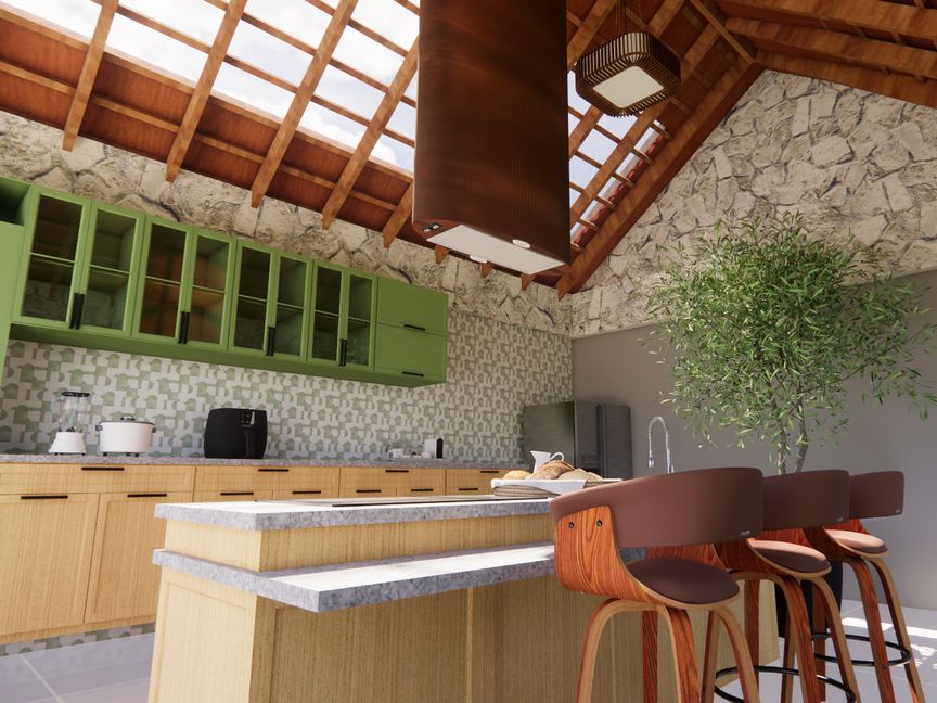 Render de cozinha com armários verdes, parede de pedra e forro de madeira