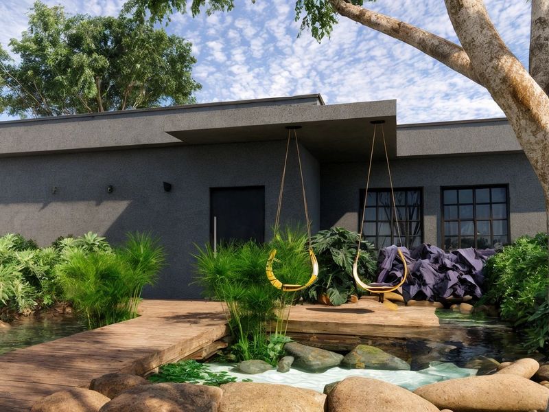 Render de jardim com casa, árvore de grande porte, espelho d'água e plantas nativas