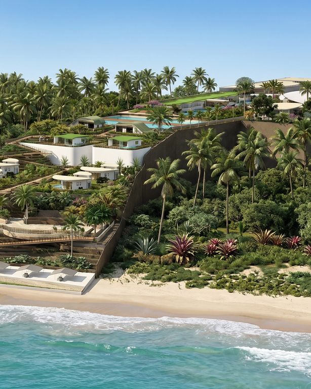 Vista aérea de um render com construções integradas à vegetação, ao lado da praia