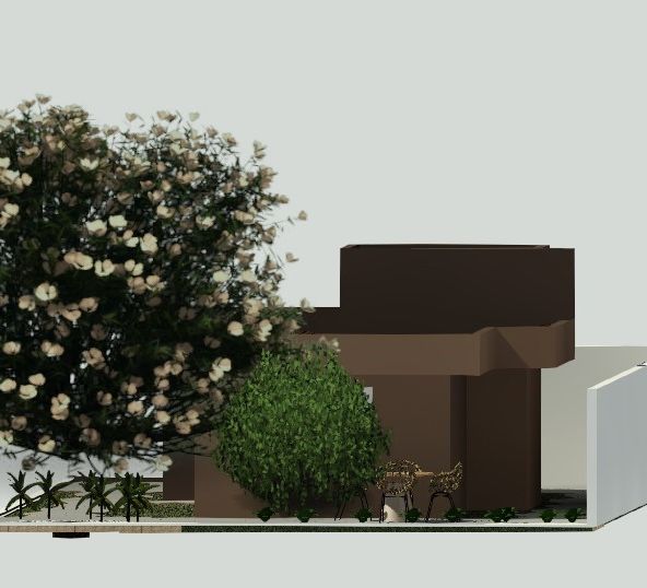 Render de paisagismo da casa acessível, com árvore florida de copa generosa ao lado da fachada