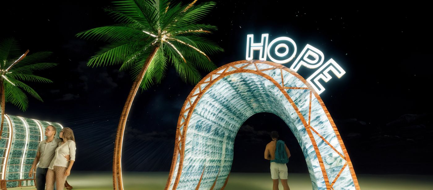 Render noturno do Pórtico Love and Hope, arco orgânico iluminado entre palmeiras