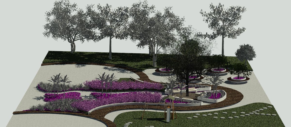 Render da Praça Tabuleiro, com canteiros de flores roxas e caminho curvo entre árvores