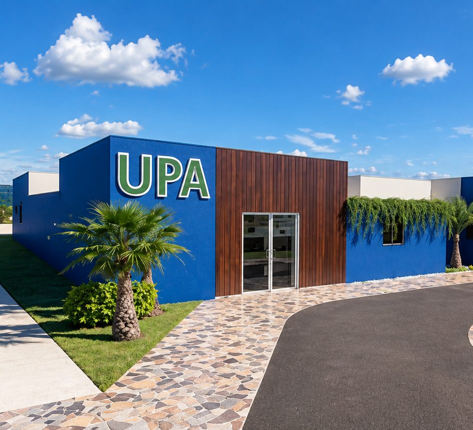 Render da UPA azul com jardim e calçada de pedras em Ouro Preto